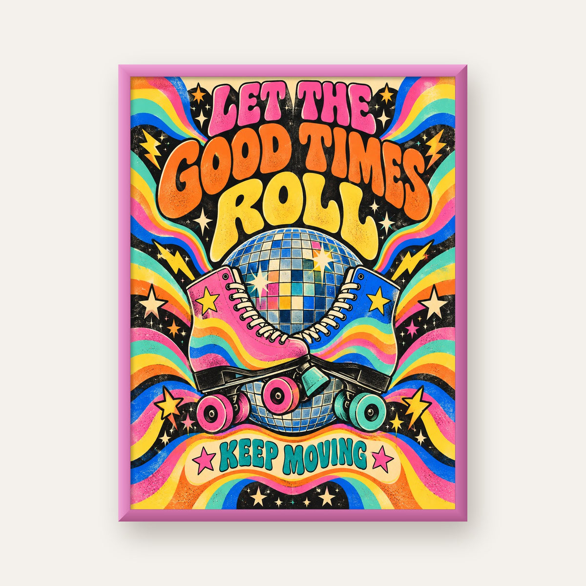 Retro Paten & Disko Topu Poster – Renkli 70’ler Duvar Dekoru — pembe çerçeveli