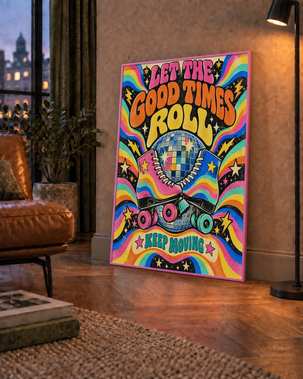 Retro Paten & Disko Topu Poster – Renkli 70’ler Duvar Dekoru — çerçeveli hâliyle bir ev duvarında