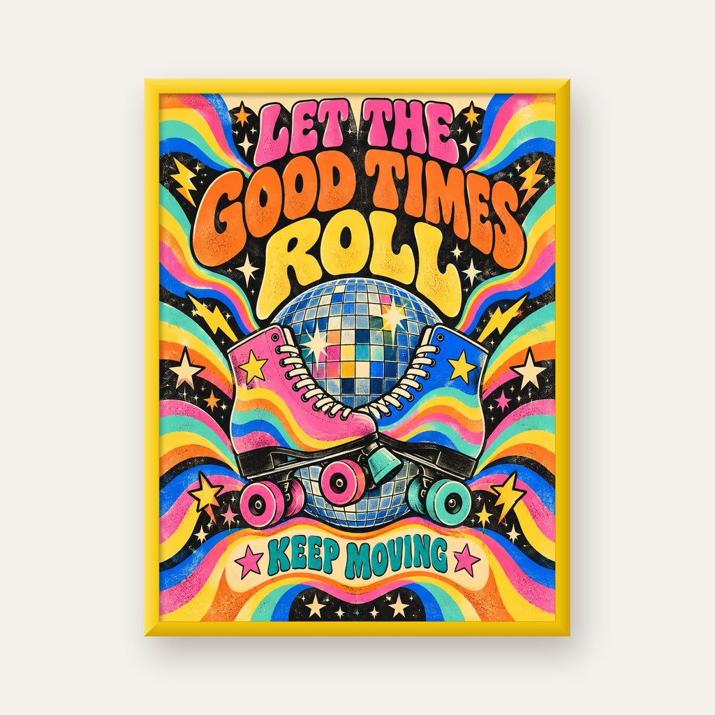 Retro Paten & Disko Topu Poster – Renkli 70’ler Duvar Dekoru — sarı çerçeveli