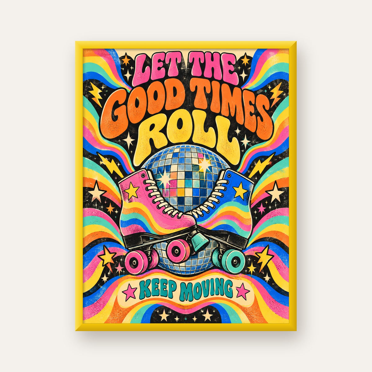 Retro Paten & Disko Topu Poster – Renkli 70’ler Duvar Dekoru — sarı çerçeveli