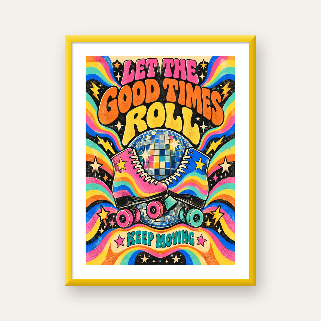 Retro Paten & Disko Topu Poster – Renkli 70’ler Duvar Dekoru — sarı çerçeveli paspartulu