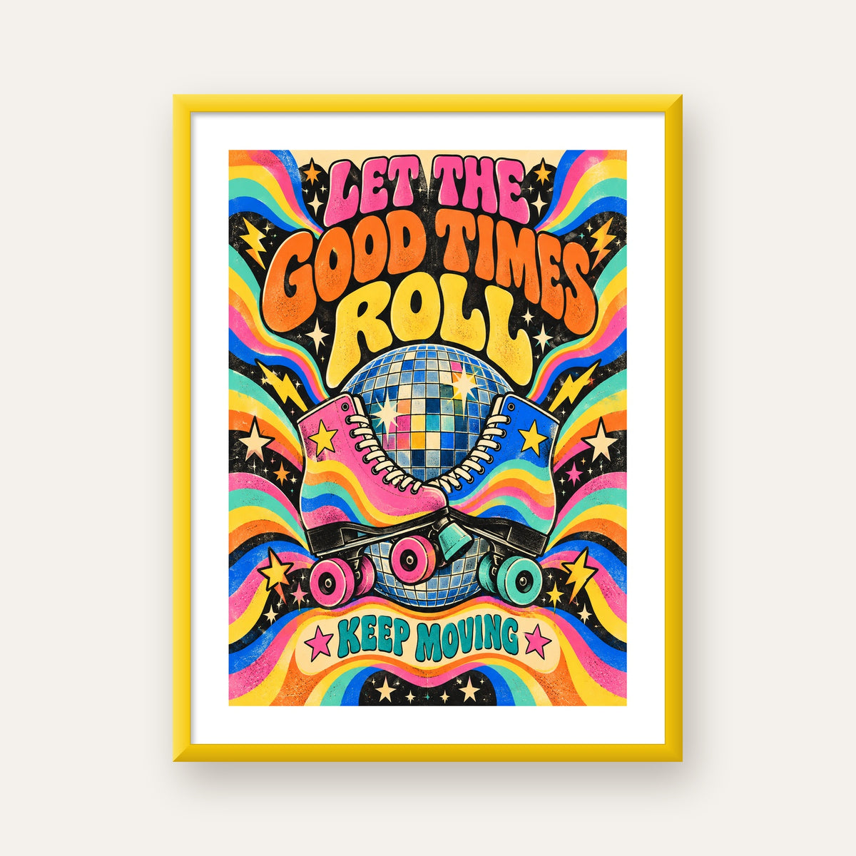 Retro Paten & Disko Topu Poster – Renkli 70’ler Duvar Dekoru — sarı çerçeveli paspartulu