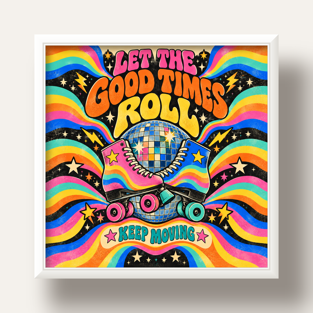 Retro Paten & Disko Topu Poster – Renkli 70’ler Duvar Dekoru — beyaz derin çerçeveli