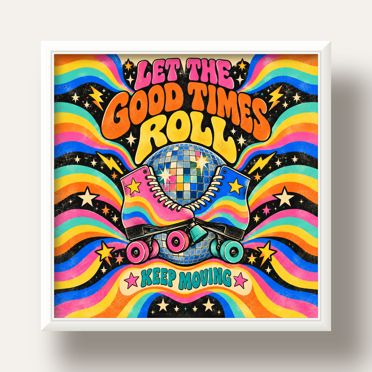 Retro Paten & Disko Topu Poster – Renkli 70’ler Duvar Dekoru — beyaz derin çerçeveli