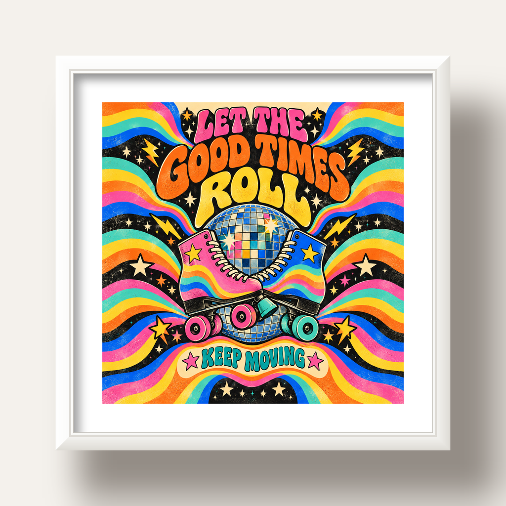Retro Paten & Disko Topu Poster – Renkli 70’ler Duvar Dekoru — beyaz derin çerçeveli paspartulu