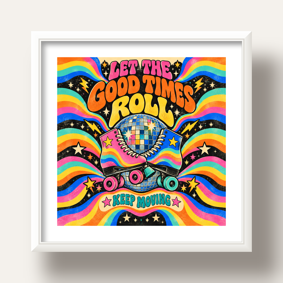 Retro Paten & Disko Topu Poster – Renkli 70’ler Duvar Dekoru — beyaz derin çerçeveli paspartulu