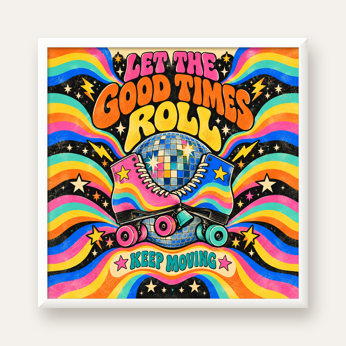 Retro Paten & Disko Topu Poster – Renkli 70’ler Duvar Dekoru — beyaz çerçeveli kare poster