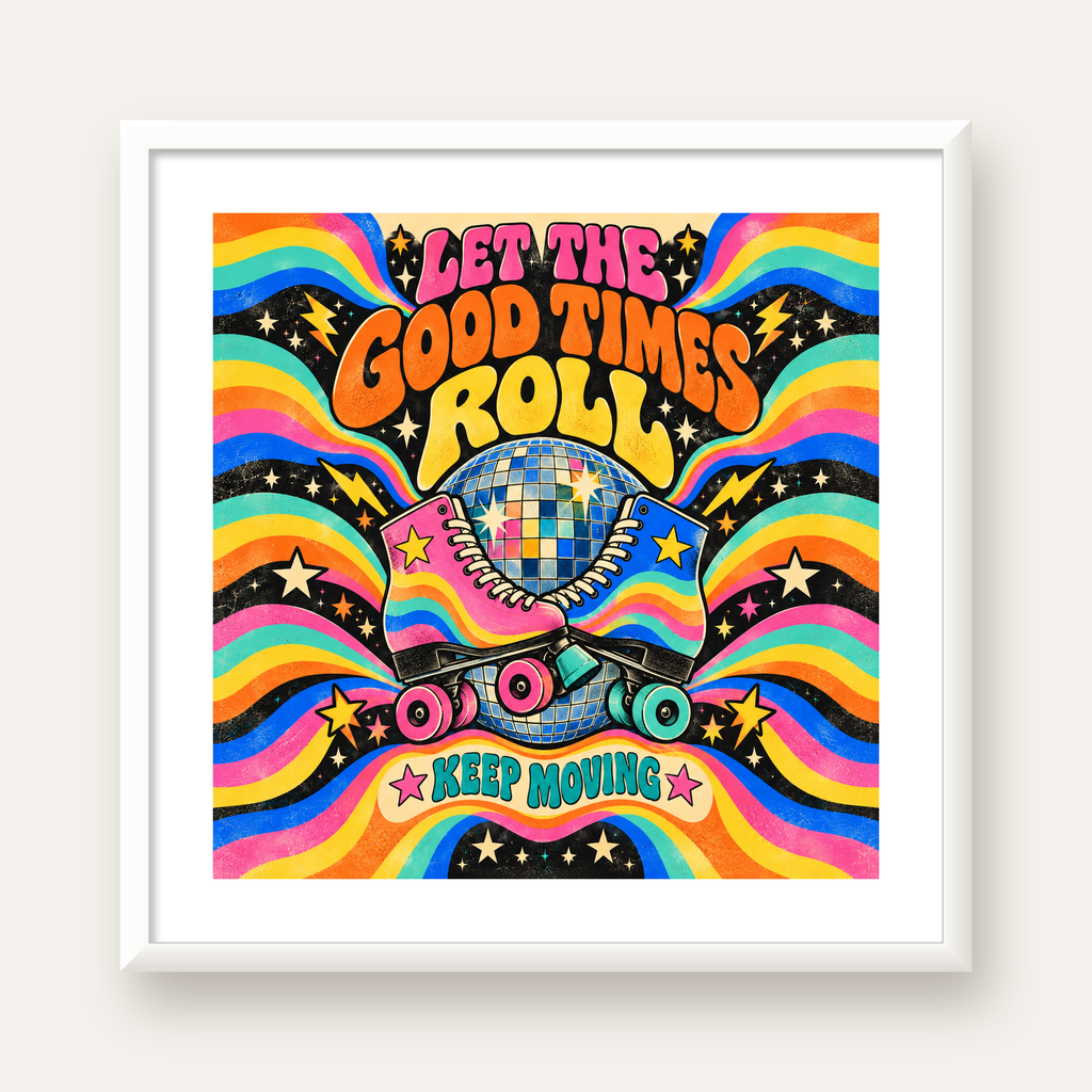 Retro Paten & Disko Topu Poster – Renkli 70’ler Duvar Dekoru — beyaz çerçeveli kare poster