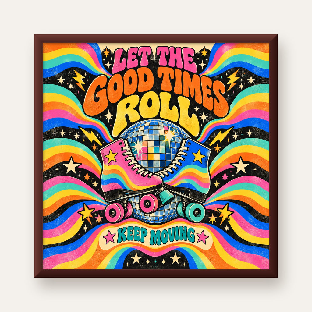 Retro Paten & Disko Topu Poster – Renkli 70’ler Duvar Dekoru — ceviz çerçeveli