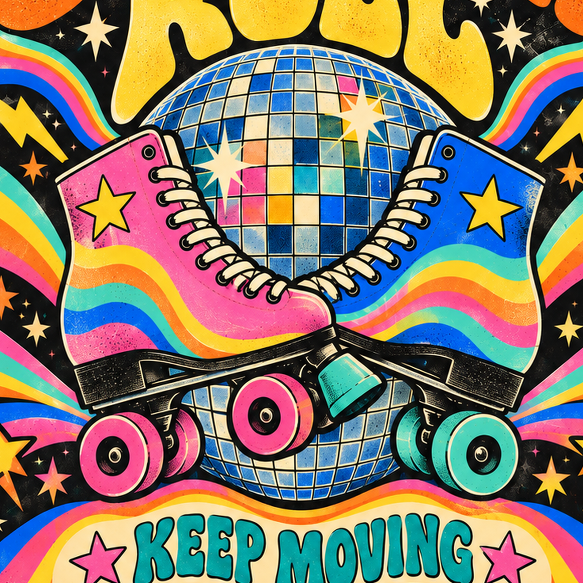 Retro Paten & Disko Topu Poster – Renkli 70’ler Duvar Dekoru — baskının yakın çekimi, kâğıt dokusu ve renk detayı