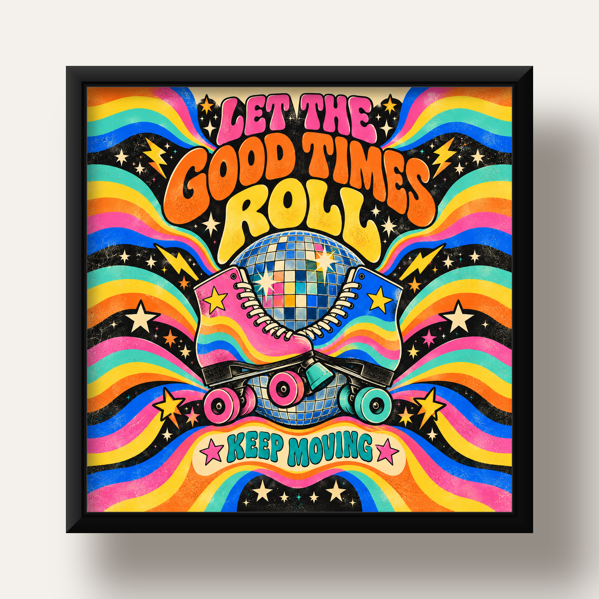 Retro Paten & Disko Topu Poster – Renkli 70’ler Duvar Dekoru — siyah derin çerçeveli