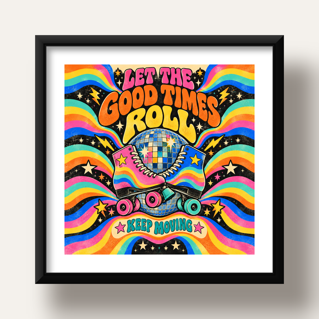 Retro Paten & Disko Topu Poster – Renkli 70’ler Duvar Dekoru — siyah derin çerçeveli paspartulu