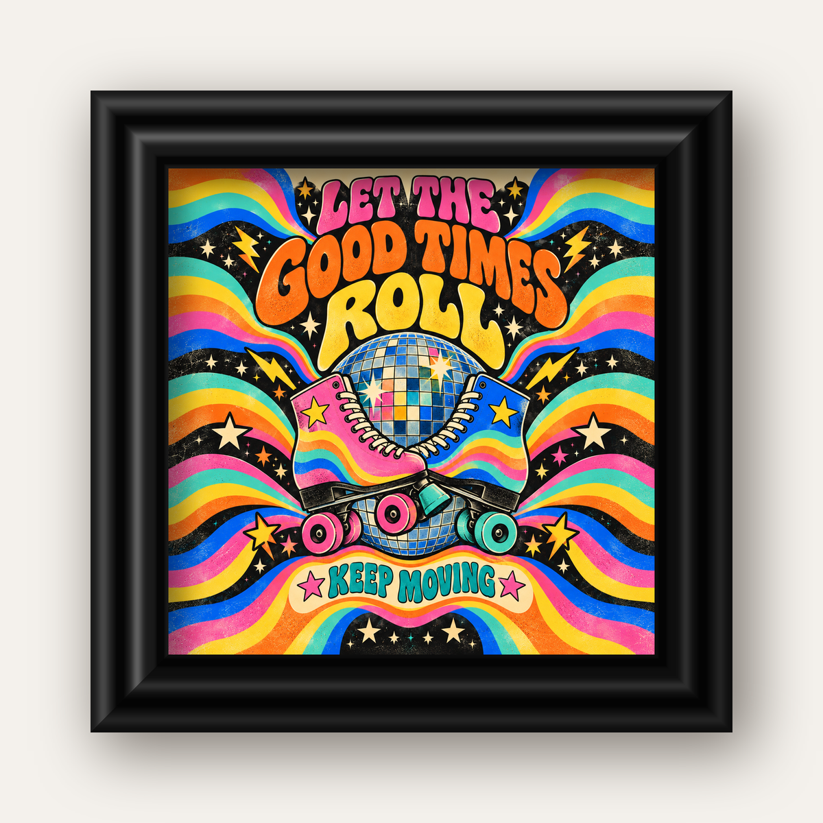 Retro Paten & Disko Topu Poster – Renkli 70’ler Duvar Dekoru — siyah galeri çerçeveli