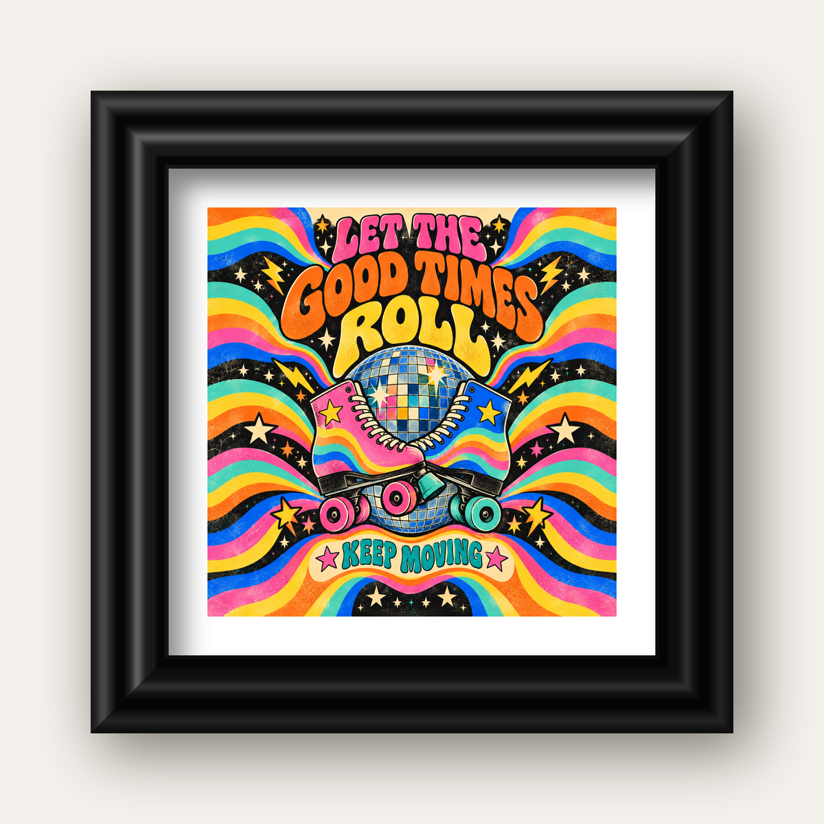 Retro Paten & Disko Topu Poster – Renkli 70’ler Duvar Dekoru — siyah galeri çerçeveli paspartulu
