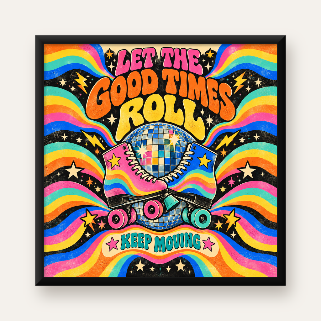 Retro Paten & Disko Topu Poster – Renkli 70’ler Duvar Dekoru — Kare baskı, düz siyah çerçeveli duvar posteri