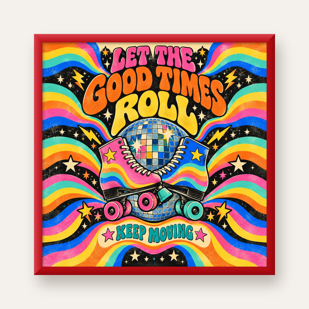 Retro Paten & Disko Topu Poster – Renkli 70’ler Duvar Dekoru — kırmızı çerçeveli