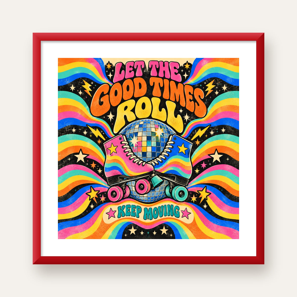 Retro Paten & Disko Topu Poster – Renkli 70’ler Duvar Dekoru — kırmızı çerçeveli paspartulu