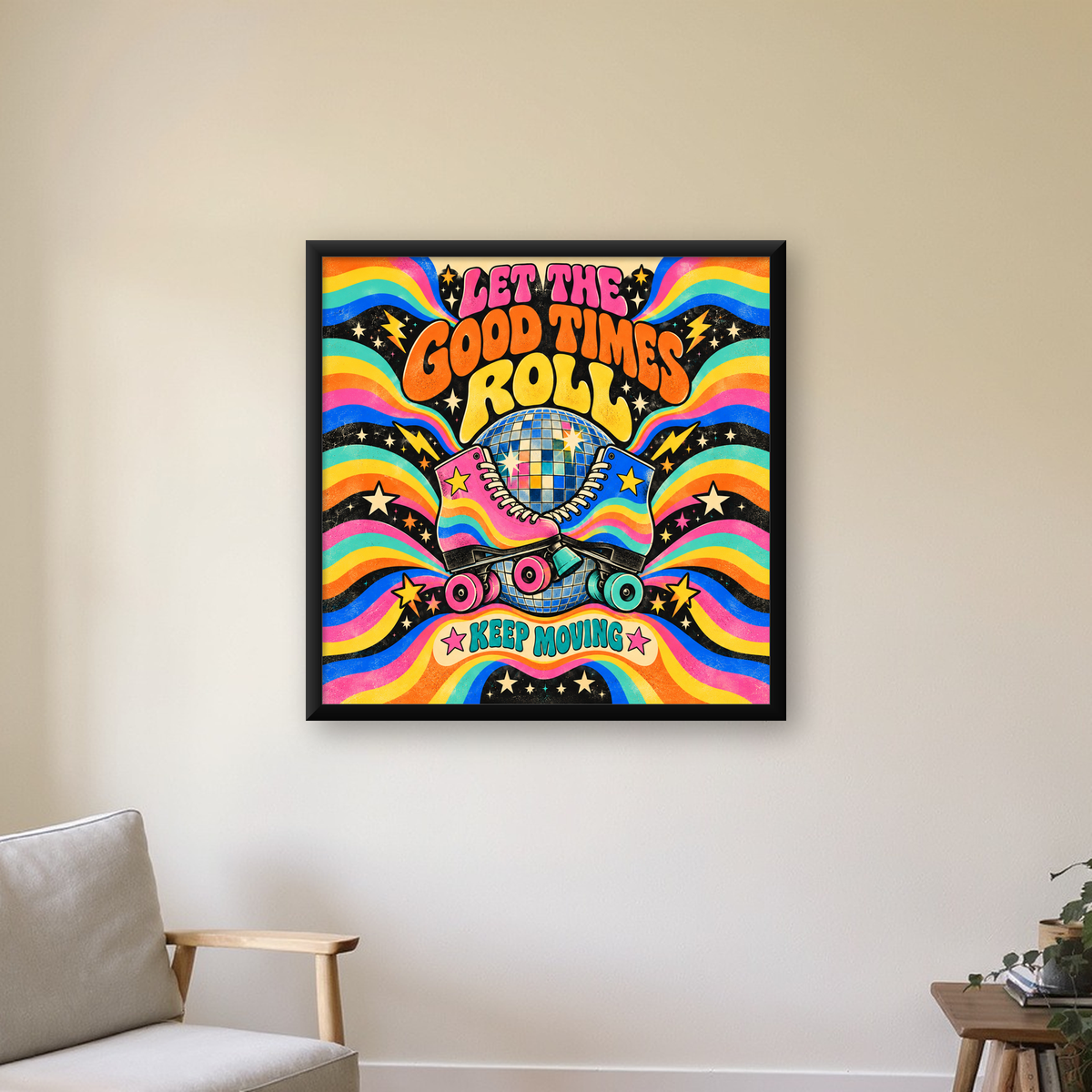 Retro Paten & Disko Topu Poster – Renkli 70’ler Duvar Dekoru — Kare baskı, çerçeveli hâliyle bir ev duvarında