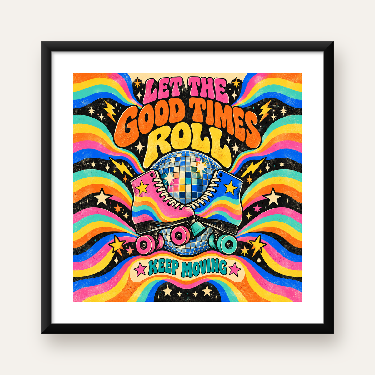 Retro Paten & Disko Topu Poster – Renkli 70’ler Duvar Dekoru — Kare baskı, beyaz paspartulu