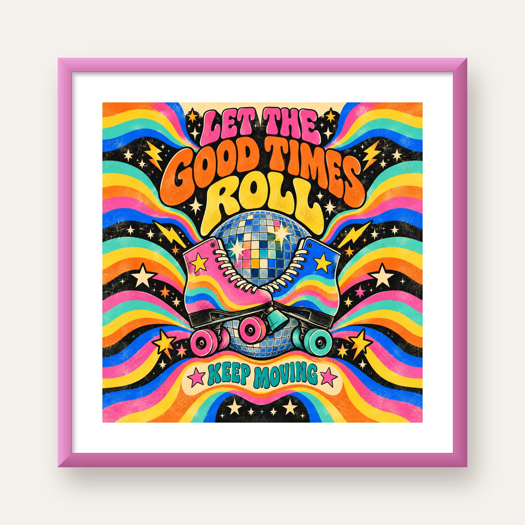 Retro Paten & Disko Topu Poster – Renkli 70’ler Duvar Dekoru — pembe çerçeveli paspartulu
