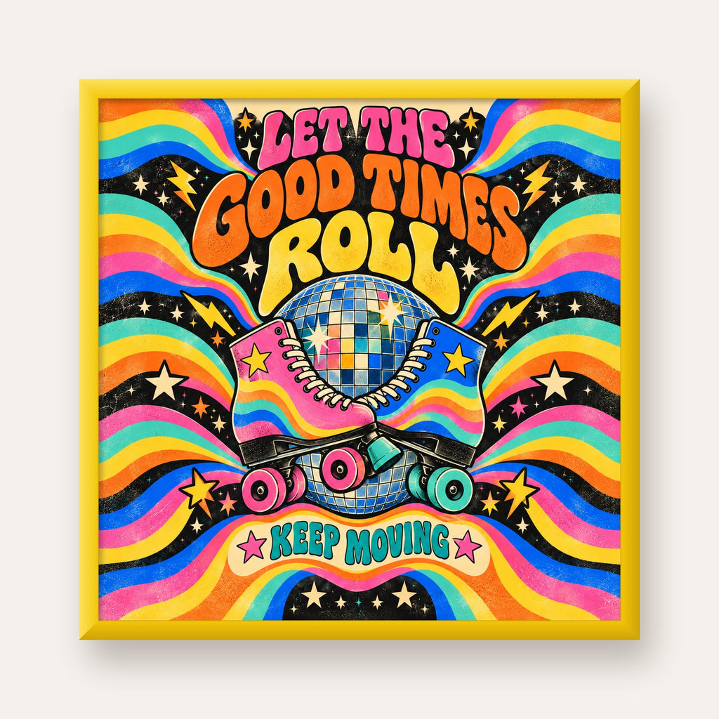 Retro Paten & Disko Topu Poster – Renkli 70’ler Duvar Dekoru — sarı çerçeveli