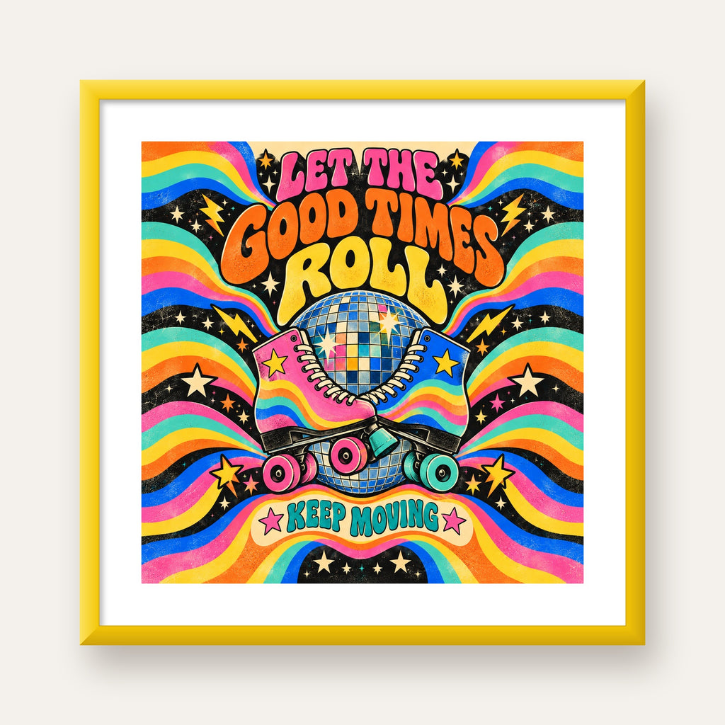 Retro Paten & Disko Topu Poster – Renkli 70’ler Duvar Dekoru — sarı çerçeveli paspartulu
