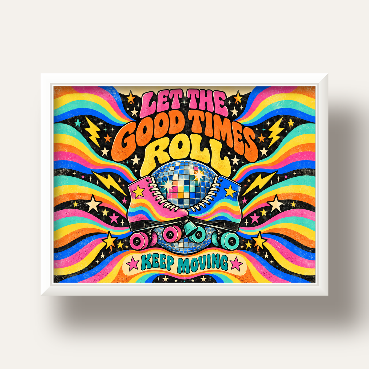 Retro Paten & Disko Topu Poster – Renkli 70’ler Duvar Dekoru — beyaz derin çerçeveli