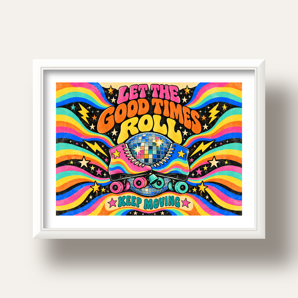 Retro Paten & Disko Topu Poster – Renkli 70’ler Duvar Dekoru — beyaz derin çerçeveli paspartulu