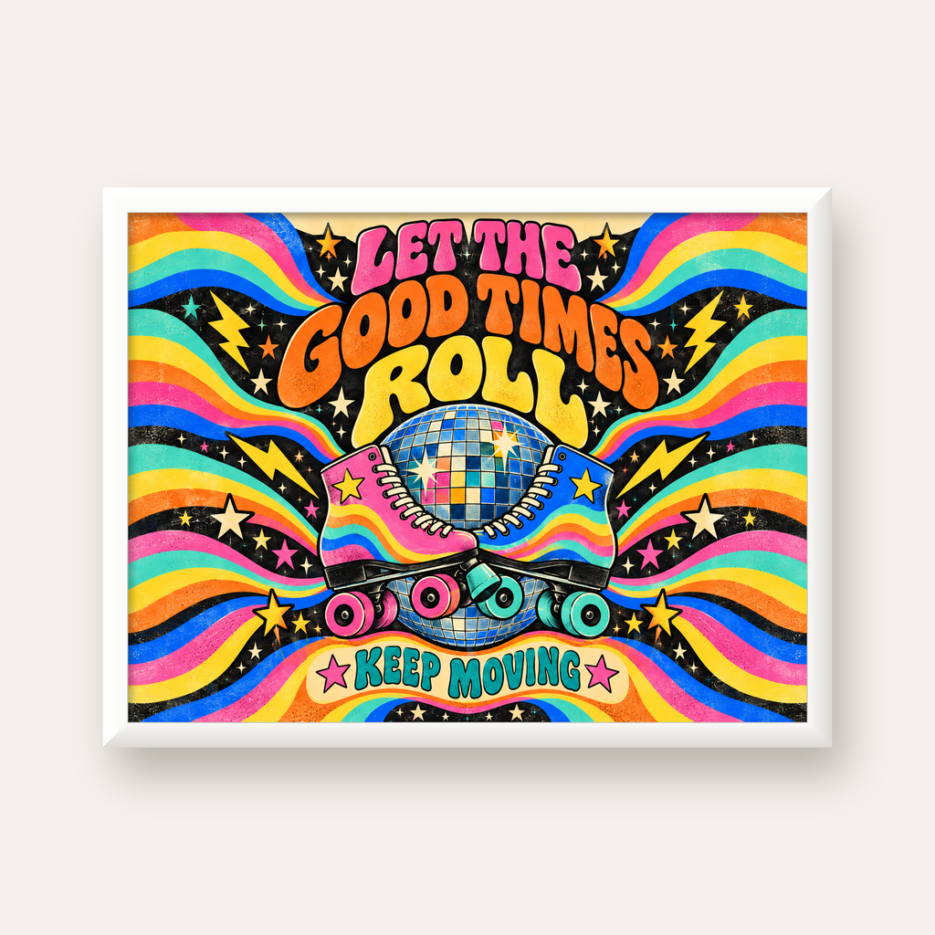 Retro Paten & Disko Topu Poster – Renkli 70’ler Duvar Dekoru — beyaz çerçeveli yatay poster