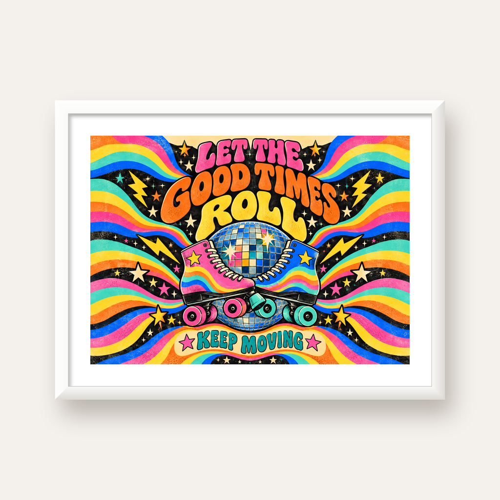 Retro Paten & Disko Topu Poster – Renkli 70’ler Duvar Dekoru — beyaz çerçeveli yatay poster