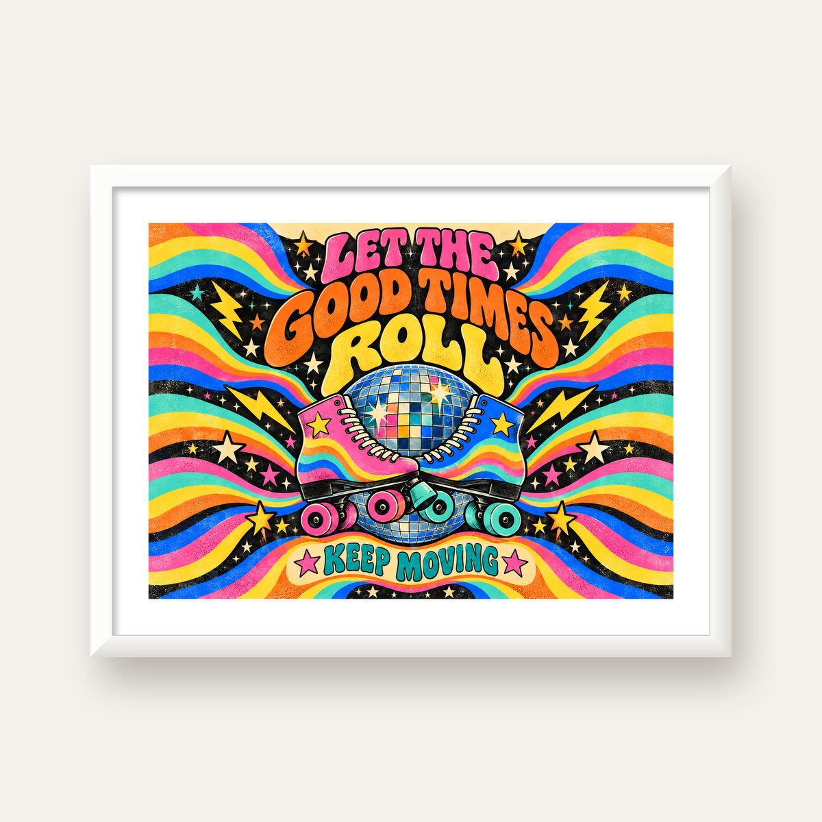 Retro Paten & Disko Topu Poster – Renkli 70’ler Duvar Dekoru — beyaz çerçeveli yatay poster
