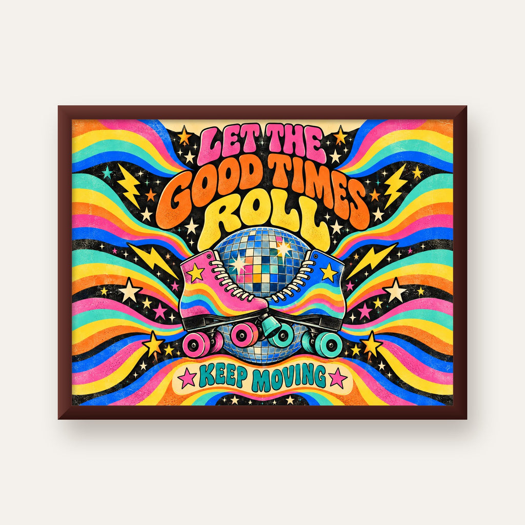 Retro Paten & Disko Topu Poster – Renkli 70’ler Duvar Dekoru — ceviz çerçeveli