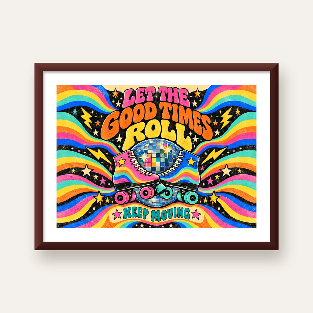 Retro Paten & Disko Topu Poster – Renkli 70’ler Duvar Dekoru — ceviz çerçeveli paspartulu