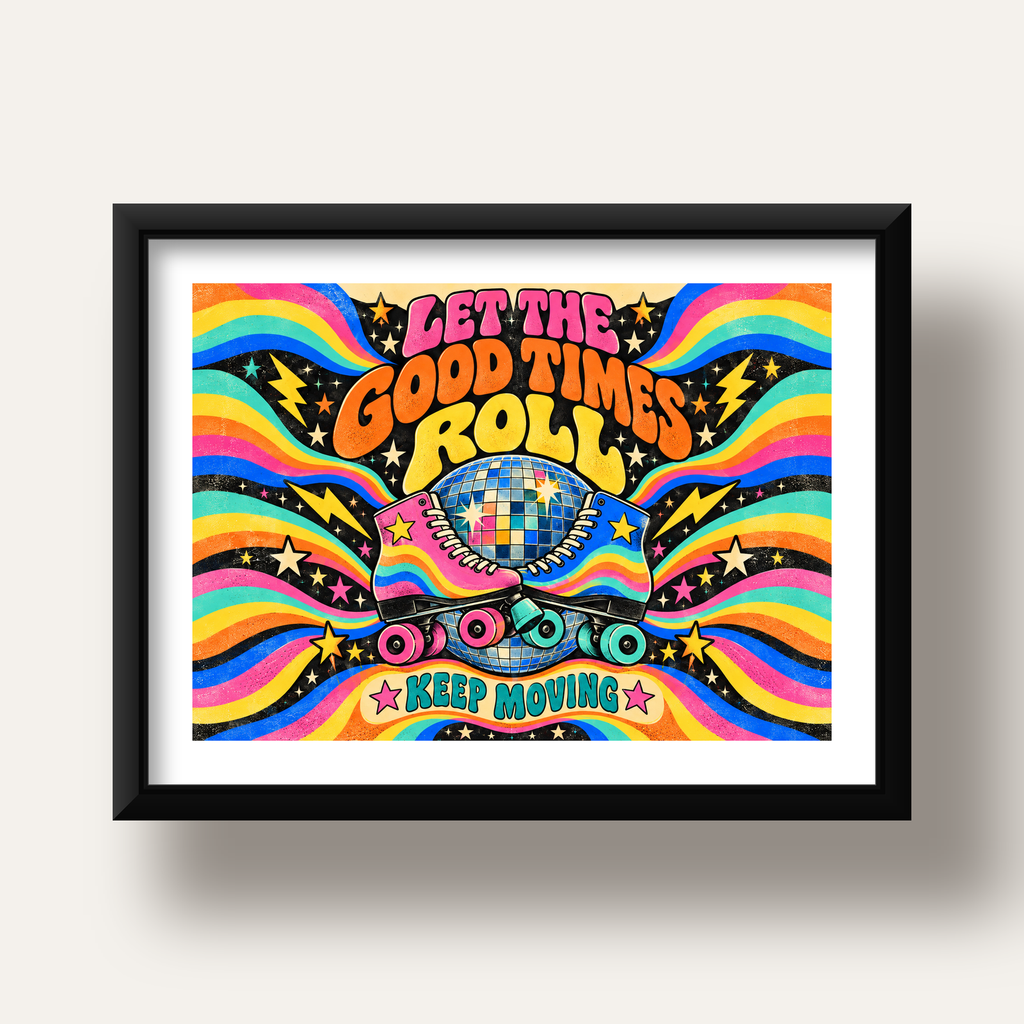 Retro Paten & Disko Topu Poster – Renkli 70’ler Duvar Dekoru — siyah derin çerçeveli paspartulu