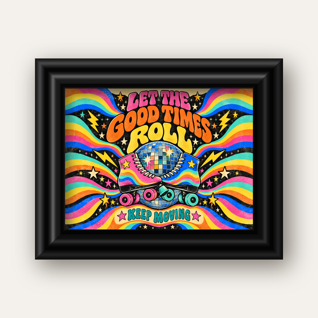 Retro Paten & Disko Topu Poster – Renkli 70’ler Duvar Dekoru — siyah galeri çerçeveli