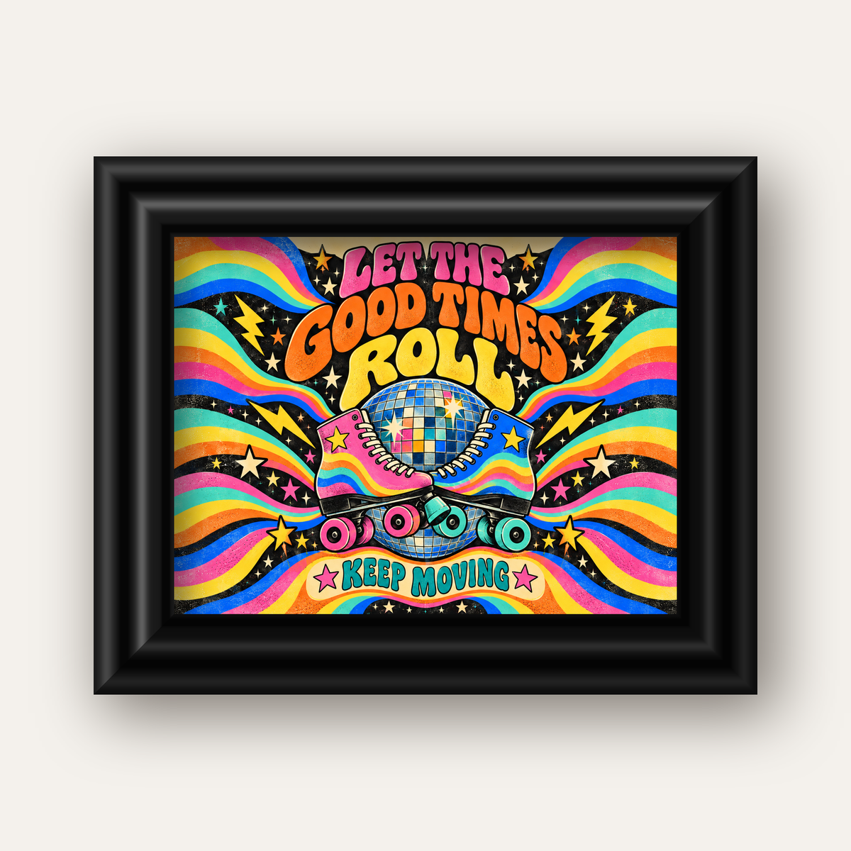Retro Paten & Disko Topu Poster – Renkli 70’ler Duvar Dekoru — siyah galeri çerçeveli