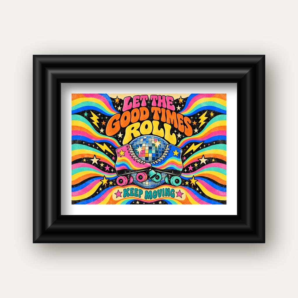 Retro Paten & Disko Topu Poster – Renkli 70’ler Duvar Dekoru — siyah galeri çerçeveli paspartulu