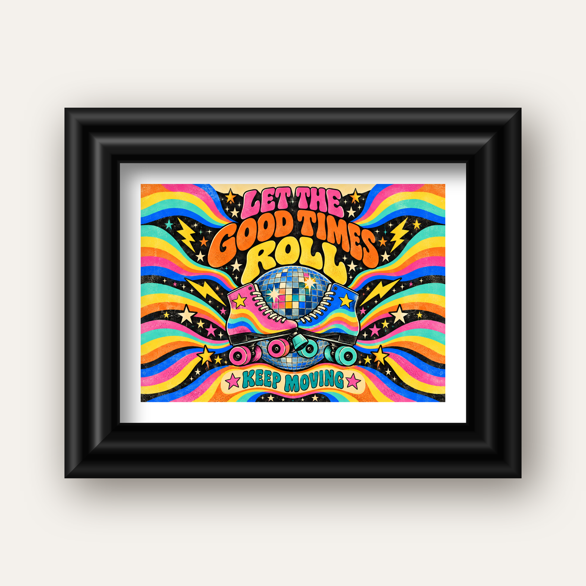 Retro Paten & Disko Topu Poster – Renkli 70’ler Duvar Dekoru — siyah galeri çerçeveli paspartulu
