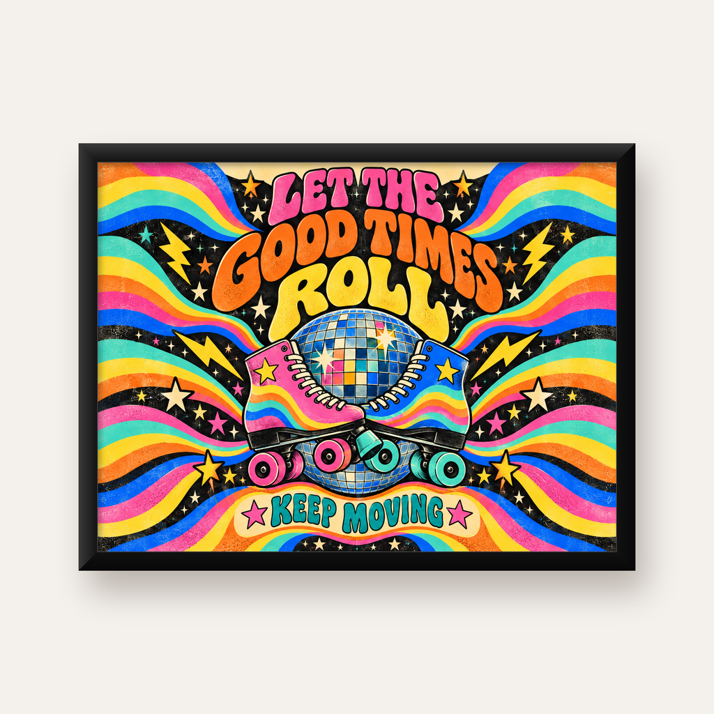 Retro Paten & Disko Topu Poster – Renkli 70’ler Duvar Dekoru — Yatay baskı, düz siyah çerçeveli duvar posteri