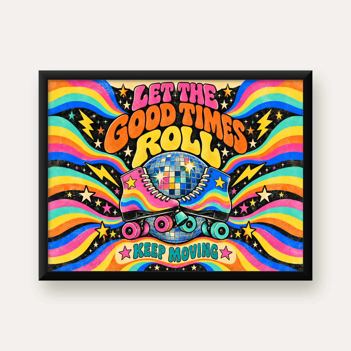 Retro Paten & Disko Topu Poster – Renkli 70’ler Duvar Dekoru — Yatay baskı, düz siyah çerçeveli duvar posteri