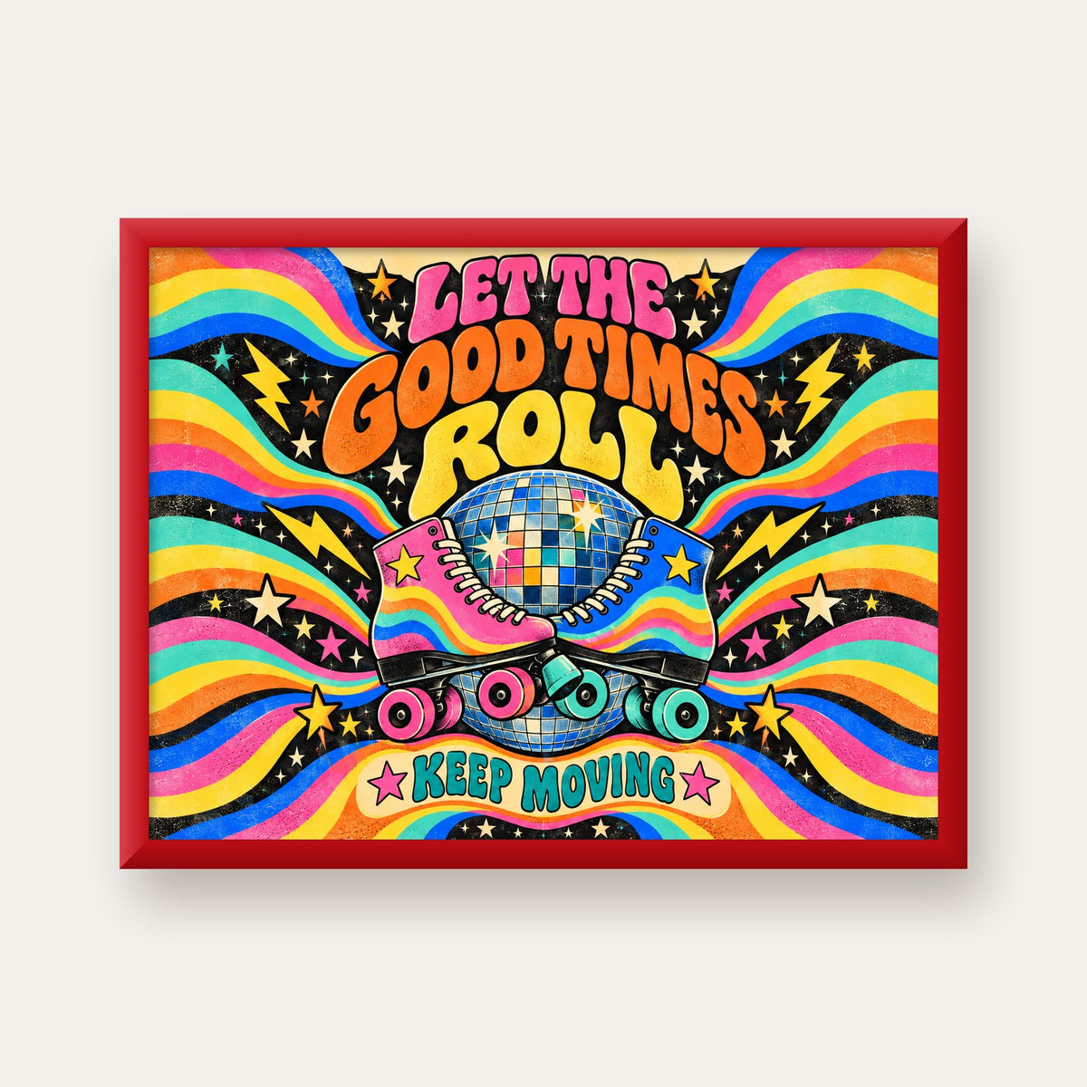 Retro Paten & Disko Topu Poster – Renkli 70’ler Duvar Dekoru — kırmızı çerçeveli