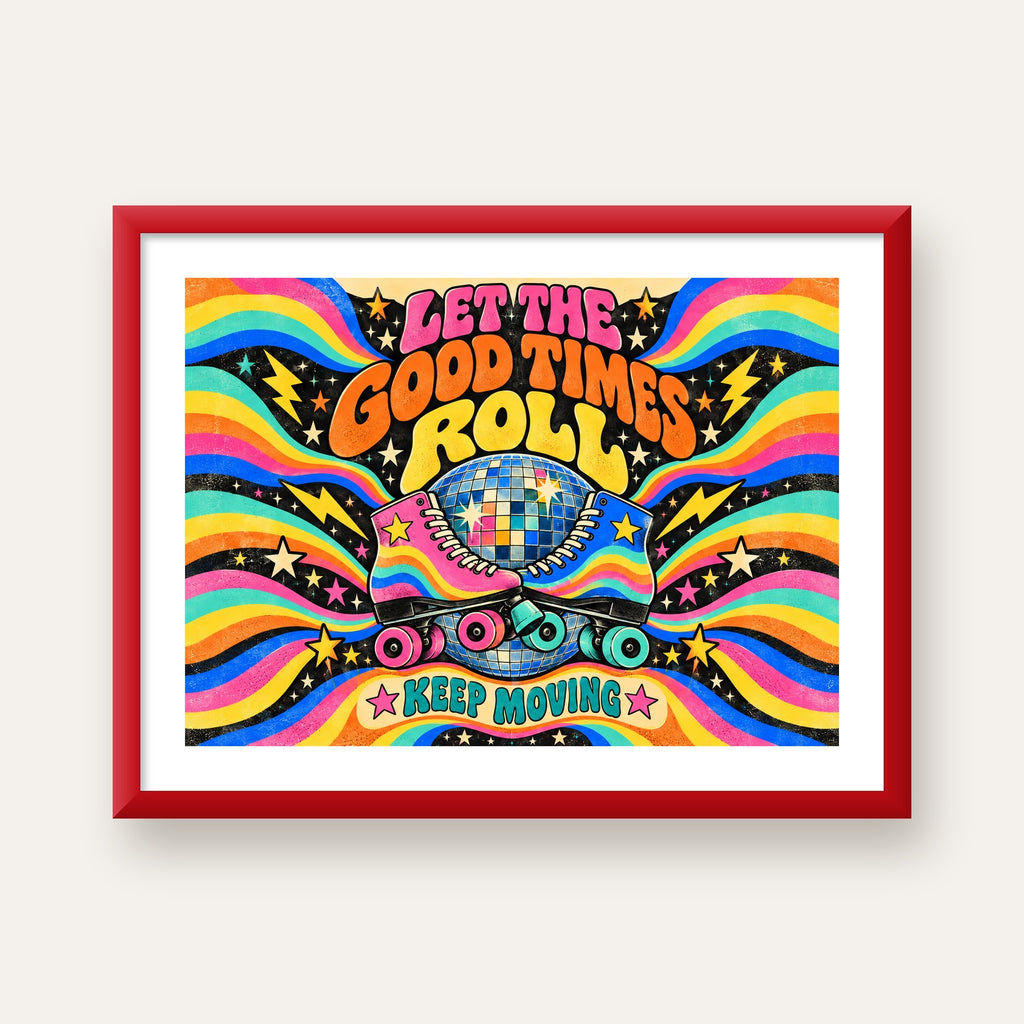 Retro Paten & Disko Topu Poster – Renkli 70’ler Duvar Dekoru — kırmızı çerçeveli paspartulu