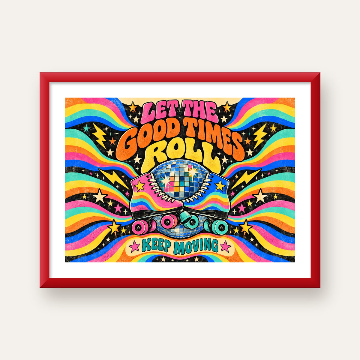 Retro Paten & Disko Topu Poster – Renkli 70’ler Duvar Dekoru — kırmızı çerçeveli paspartulu