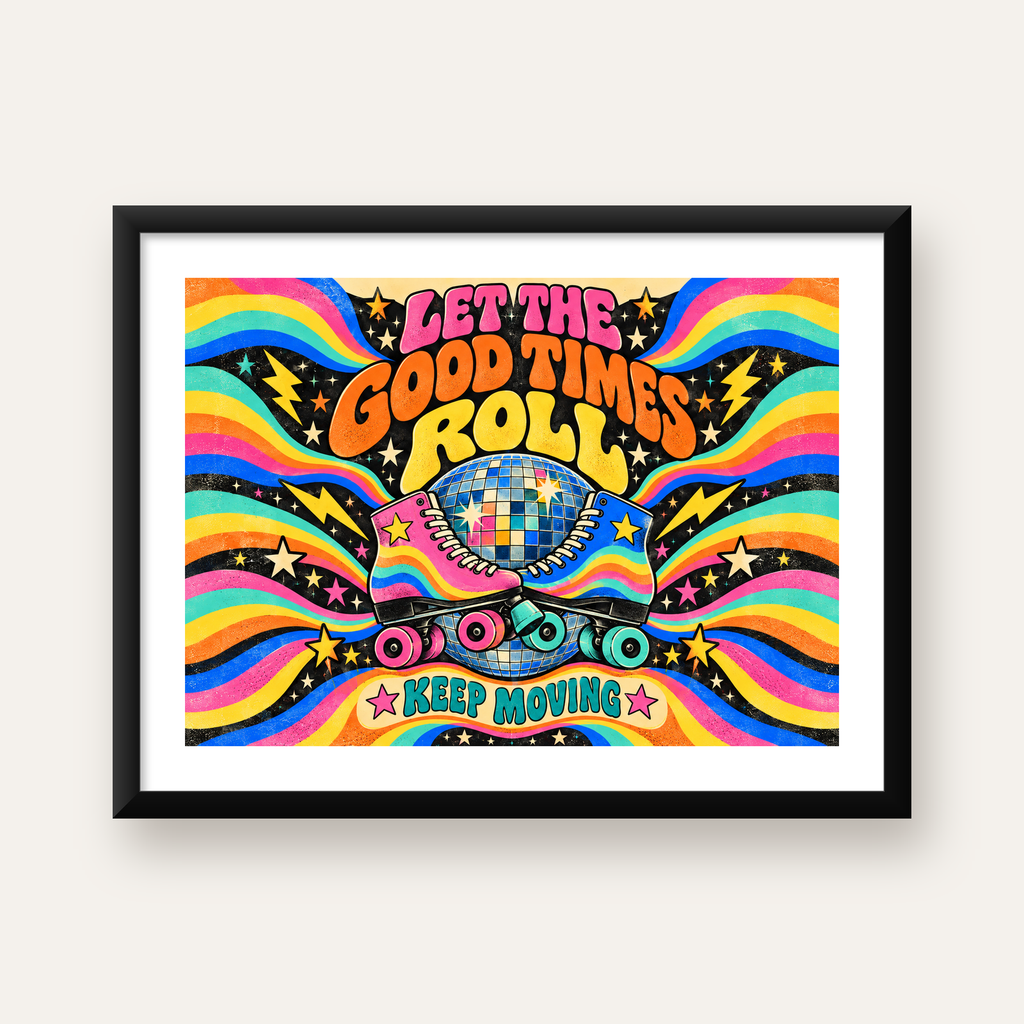 Retro Paten & Disko Topu Poster – Renkli 70’ler Duvar Dekoru — Yatay baskı, beyaz paspartulu