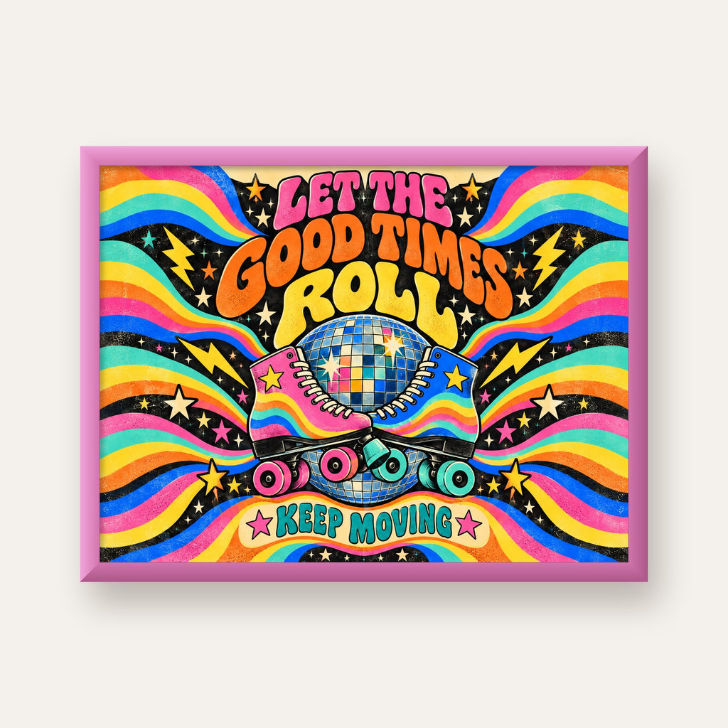 Retro Paten & Disko Topu Poster – Renkli 70’ler Duvar Dekoru — pembe çerçeveli