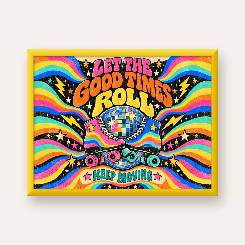 Retro Paten & Disko Topu Poster – Renkli 70’ler Duvar Dekoru — sarı çerçeveli