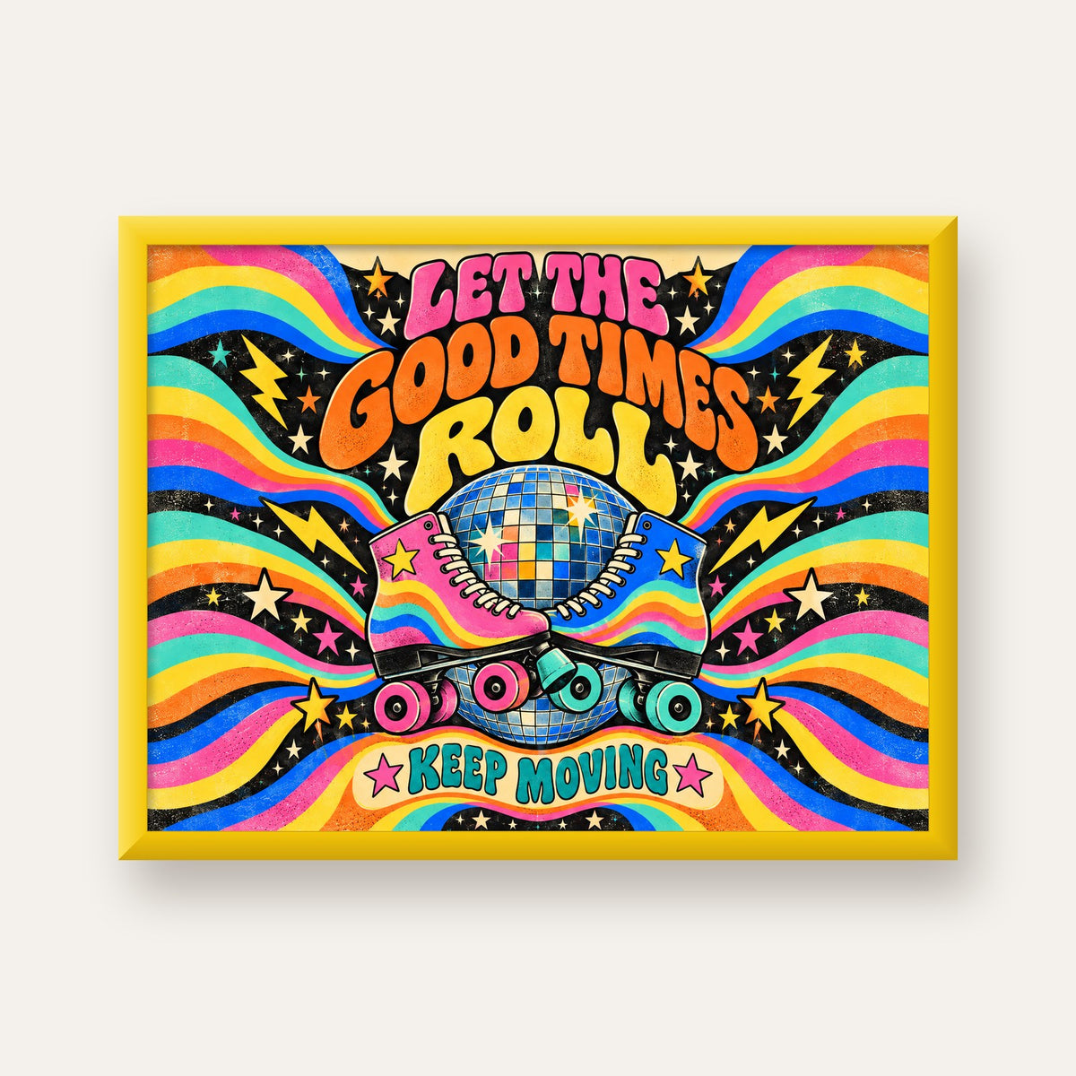 Retro Paten & Disko Topu Poster – Renkli 70’ler Duvar Dekoru — sarı çerçeveli