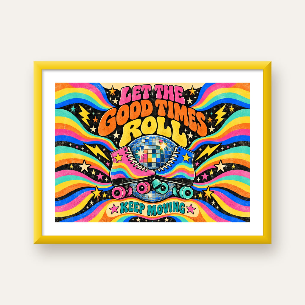 Retro Paten & Disko Topu Poster – Renkli 70’ler Duvar Dekoru — sarı çerçeveli paspartulu