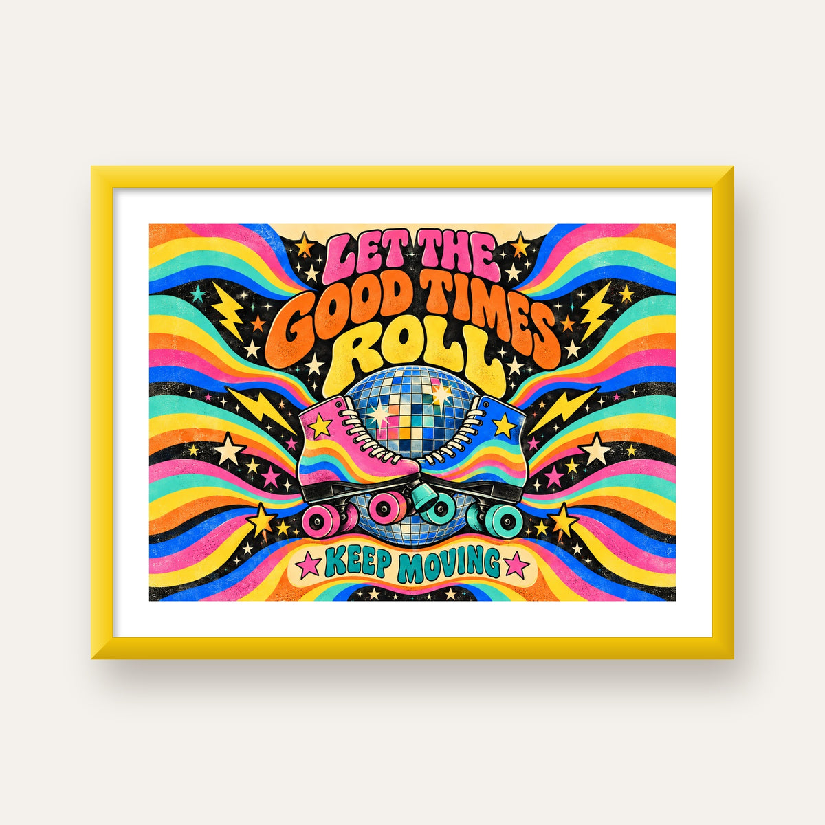 Retro Paten & Disko Topu Poster – Renkli 70’ler Duvar Dekoru — sarı çerçeveli paspartulu