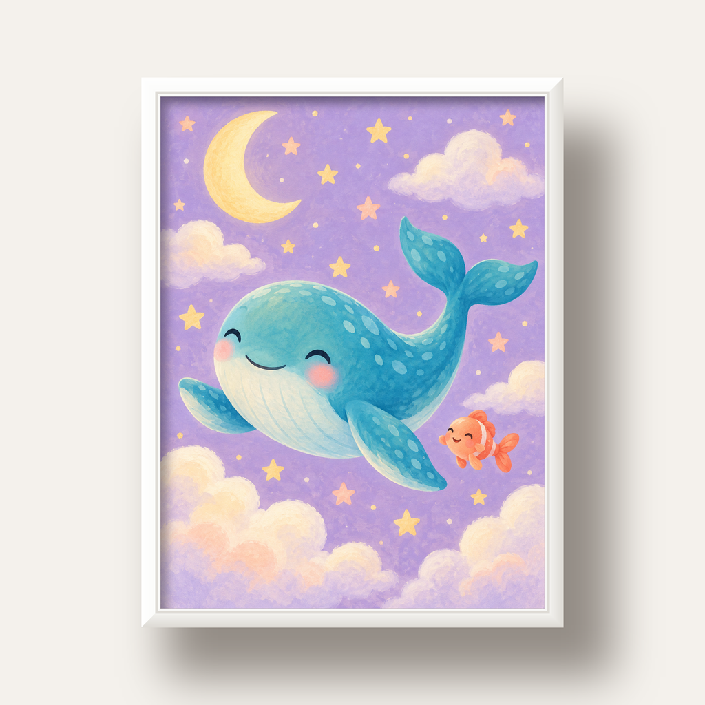 Sevimli Balina ve Gökyüzü Pastel Çocuk Odası Poster — beyaz derin çerçeveli